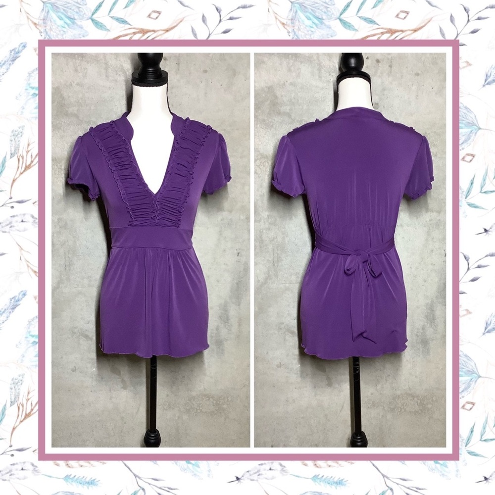 🌸 PURPLE SHIRT TOP RUFFLE V NECK PETITE TEEN SMALL DARLING RIBBON FORVER 21